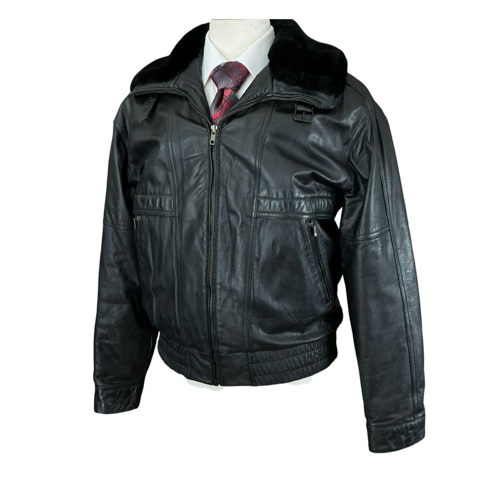Members Only Black Leather Bomber Jacket Mens Size 42 Fur Collar 90s Y2K